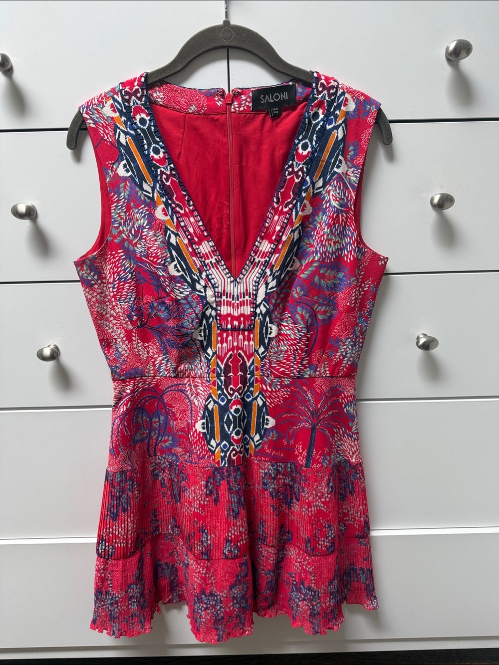 Saloni Red Printed 100% Silk Mini Dress V-Neck Pleated Hem Ikat Floral UK12 US8